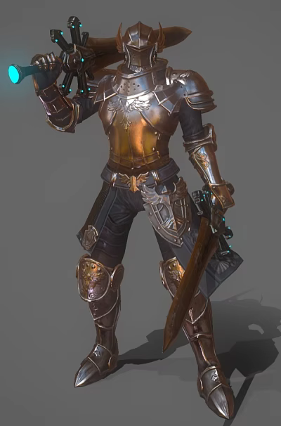 Fantasy Game Movie Character Armored Warrior With Detailed Armor Holding Sword And Glowing Weapon 3d model
