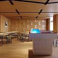 School Spacious Classroom With Wooden Walls Large Windows And Neatly Arranged Tables Chairs