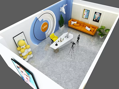 Modern Public Office Space With Orange Sofa White Desk Yellow Chair Plants And Artwork 3d model