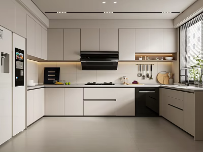 Modern Kitchen Interior With White Cabinets Island Counter Appliances And Natural Light 3d model