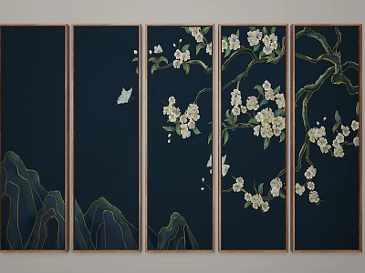 Traditional Botanical Painting on Dark Blue Screen Panels with White Flowers Green Branches and Butterfly 3d model