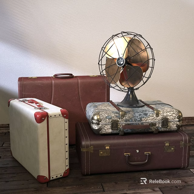 Vintage Stacked Suitcases with Brown White Red Trim and Classic Fan Decor 3d model 