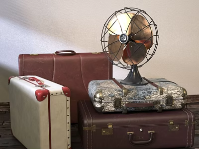 Vintage Stacked Suitcases with Brown White Red Trim and Classic Fan Decor 3d model