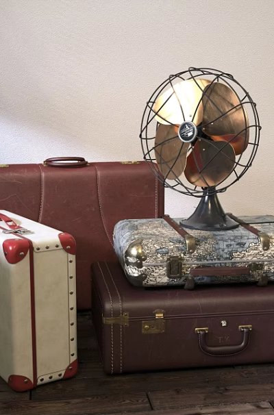 Vintage Stacked Suitcases with Brown White Red Trim and Classic Fan Decor 3d model