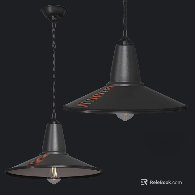 Modern Black Pendant Lights With Orange Accent Lines Hanging From Chains 3d model 