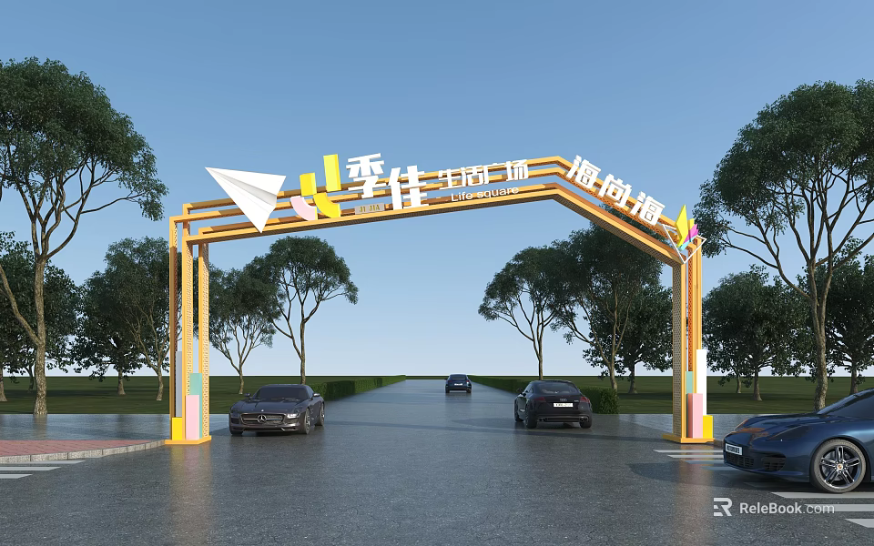 Golden Arch Entrance Gate With Colorful Decorations Surrounded By Trees And Road Cars 3d model 