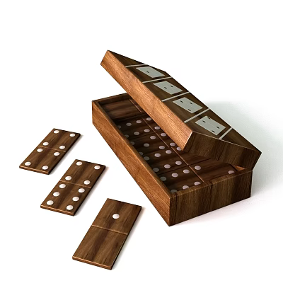 Traditional Dominoes Set in Open Wooden Box with Scattered Tiles for Family Entertainment 3d model