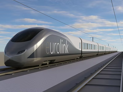 EuroLink High Speed Train With Modern Design On Railway Track Under Blue Sky White Clouds 3d model