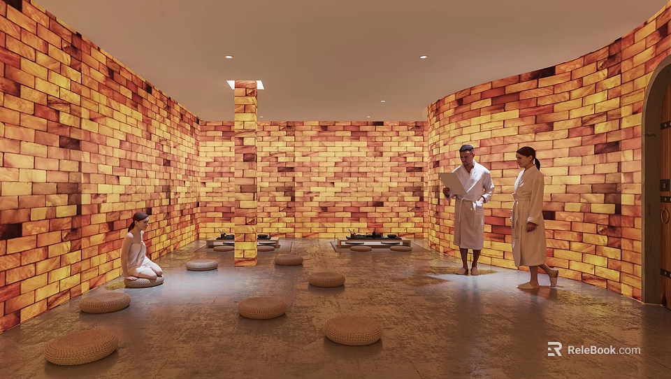 Warm Brick Wall Sauna Interior Design With People In Robes And Cushions 3d model 