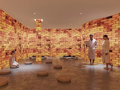 Warm Brick Wall Sauna Interior Design With People In Robes And Cushions 3d model