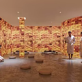 Warm Brick Wall Sauna Interior Design With People In Robes And Cushions