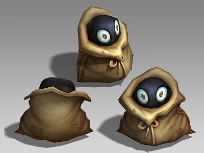 Mysterious Brown Sack Character Designs With Black Orb Eyes And String Ties 3d model