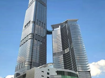 Modern Tall Office Buildings With Glass Curtain Walls And Sky Bridge Design 3d model