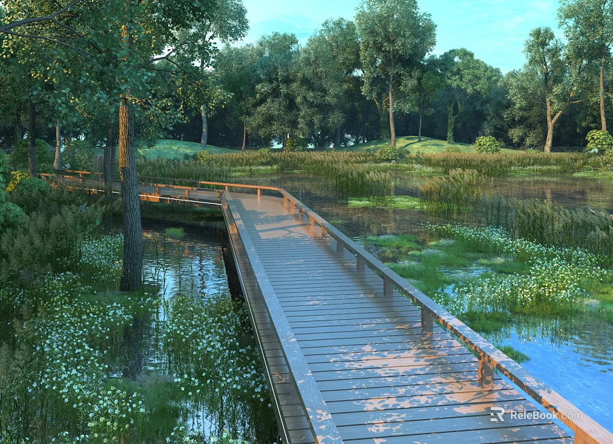 Scenic Wooden Boardwalk Surrounded by Trees Water Grass and White Flowers 3d model 