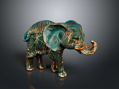 Decorative Elephant Figurine Featuring Green Gold Leaf Patterns Large Ears And Curled Trunk 3d model