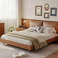 Modern Double Bed With Wooden Frame Bedside Lamps Decorative Paintings And Soft Pillows