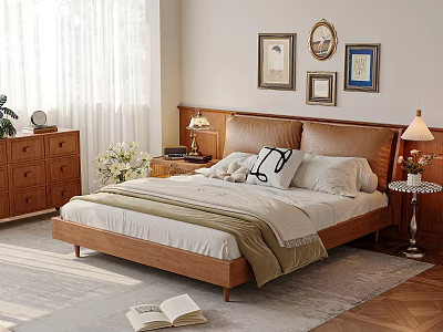 Modern Double Bed With Wooden Frame Bedside Lamps Decorative Paintings And Soft Pillows 3d model