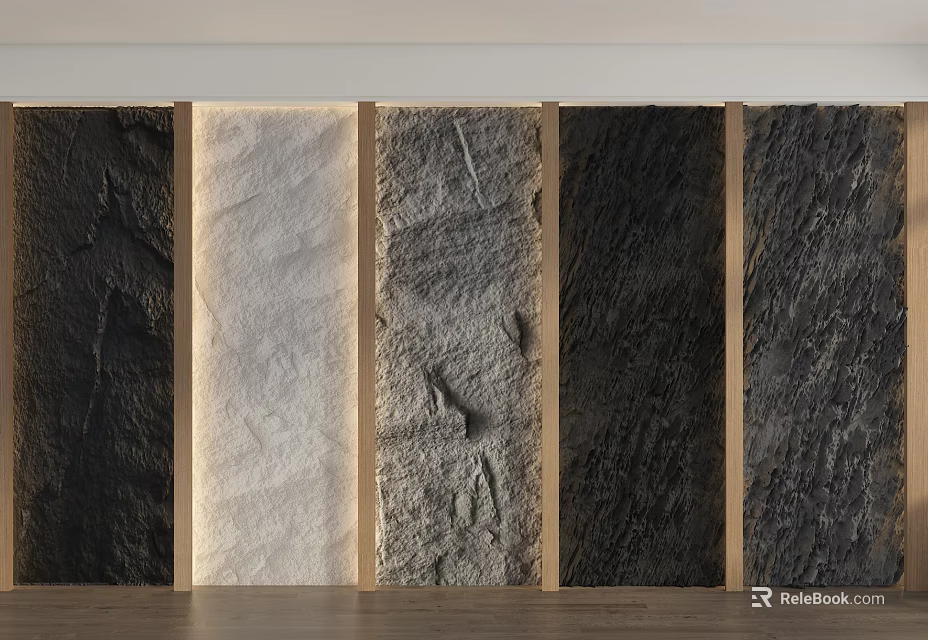 Natural Textured Stone Wall Panels With Wooden Frames And Diverse Surface Patterns 3d model 