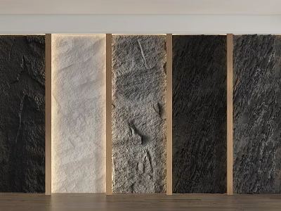 Natural Textured Stone Wall Panels With Wooden Frames And Diverse Surface Patterns 3d model