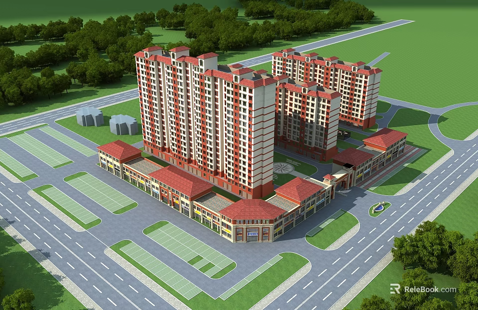Aerial Planning of Modern Residential Complex with High Rise Buildings Green Spaces and Roads 3d model 