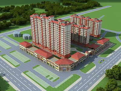 Aerial Planning of Modern Residential Complex with High Rise Buildings Green Spaces and Roads 3d model