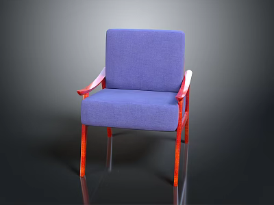Modern Chair With Blue Cushion And Red Wooden Armrests And Legs 3d model