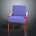 Modern Chair With Blue Cushion And Red Wooden Armrests And Legs