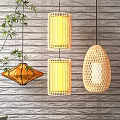 Bamboo Woven Lanterns in Various Shapes Hanging by Brick Wall with Bamboo Plant