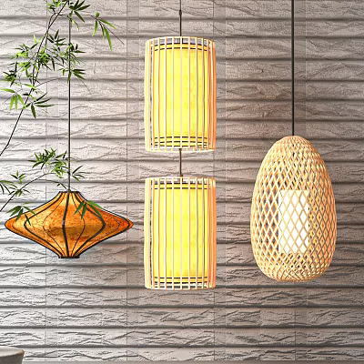 Bamboo Woven Lanterns in Various Shapes Hanging by Brick Wall with Bamboo Plant 3d model