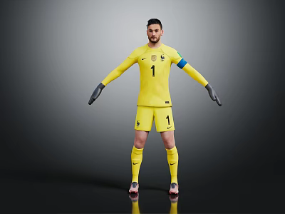 Football Goalkeeper in Yellow Jersey Number 1 with Black Gloves and Armband Standing Pose 3d model