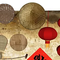 Traditional Industrial Equipment Display With Stone Mill Wheelbarrow And Bamboo Crafts