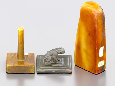 Decorative Ornament Set With Square Base Golden Pillar Animal Figurine And Shiny Yellow Stone 3d model