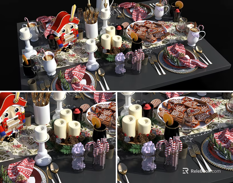 Festive Dinnerware Set With Decorative Candles Cutlery Plates Mugs And Dessert Table Setting 3d model 