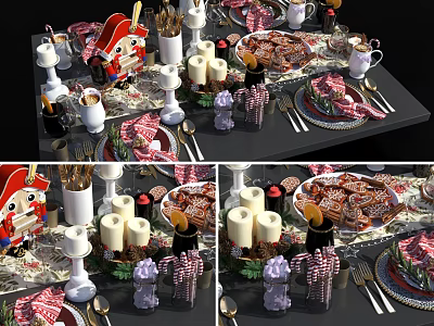 Festive Dinnerware Set With Decorative Candles Cutlery Plates Mugs And Dessert Table Setting 3d model