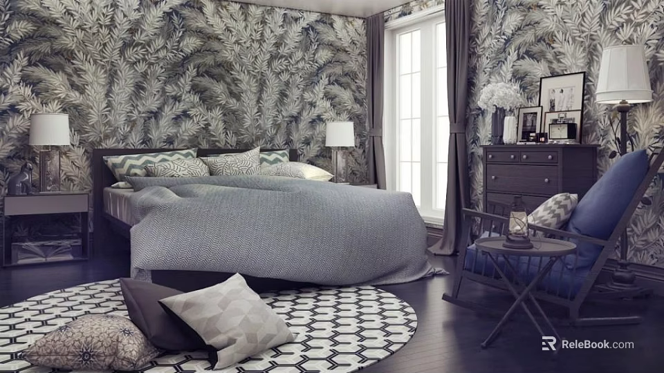 Elegant Double Bed In Background With Leaf Wallpaper Window Curtains Dresser And Round Rug 3d model 
