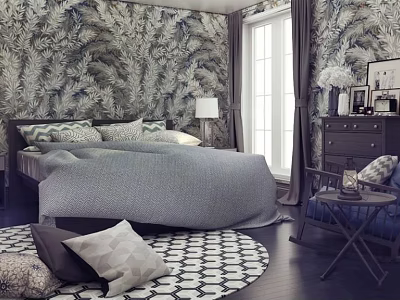 Elegant Double Bed In Background With Leaf Wallpaper Window Curtains Dresser And Round Rug 3d model