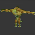 Orange Muscular Game Movie Character With Green Chest Gem And Outstretched Arms