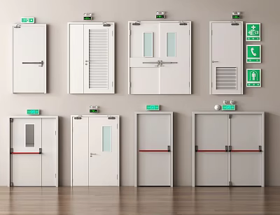 Various Fire Safety Equipment Including Fire Doors and Emergency Exit Signs in Modern Building Setup 3d model