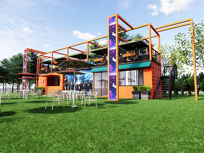 Two Story Orange Container Building With Metal Frame And Outdoor Seating On Green Lawn 3d model
