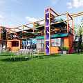 Two Story Orange Container Building With Metal Frame And Outdoor Seating On Green Lawn