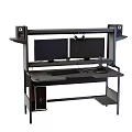 Functional Work Desk Setup With Dual Monitors Headphones Keyboard Mouse And Speakers