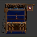 Modern Wooden Market Stall Setup With Blue Glass Windows And Emblem Chest