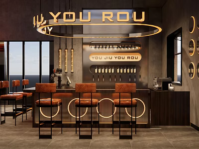 Modern Industrial Bar Interior Design With Neon Sign Bar Counter High Chairs And Wine Racks 3d model