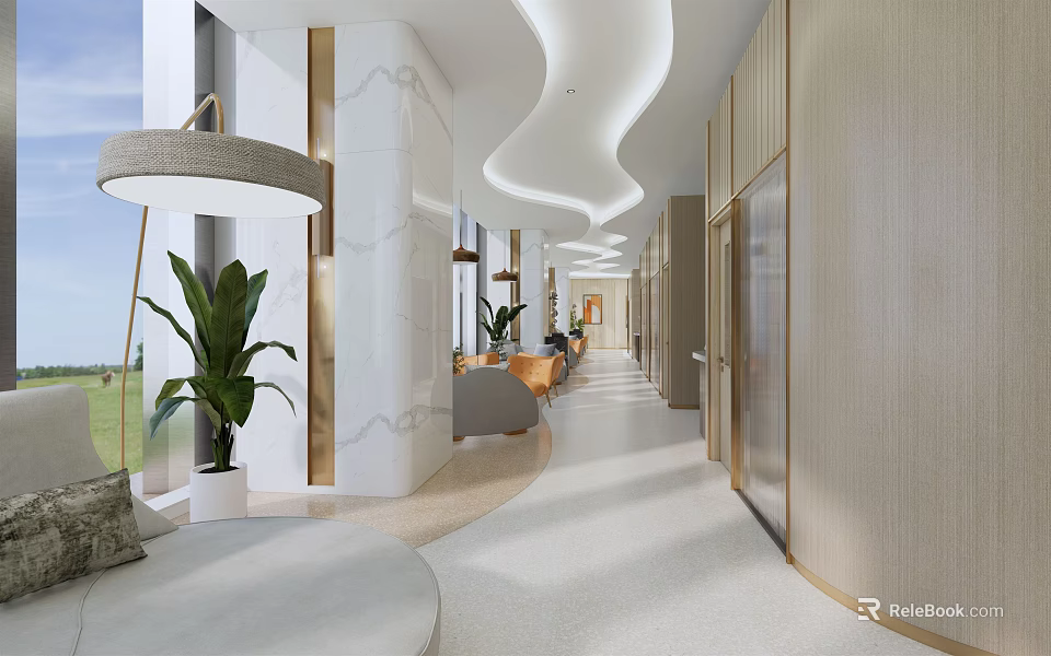 Modern Hotel Public Lounge Interior With Green Plants Soft Lighting And Comfortable Seating Furniture 3d model 