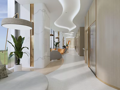 Modern Hotel Public Lounge Interior With Green Plants Soft Lighting And Comfortable Seating Furniture 3d model