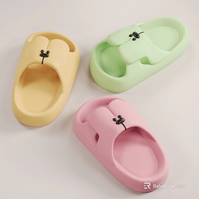 Colorful Soft Open Toe Slippers In Yellow Green Pink With Cartoon Mouse Design 3d model 