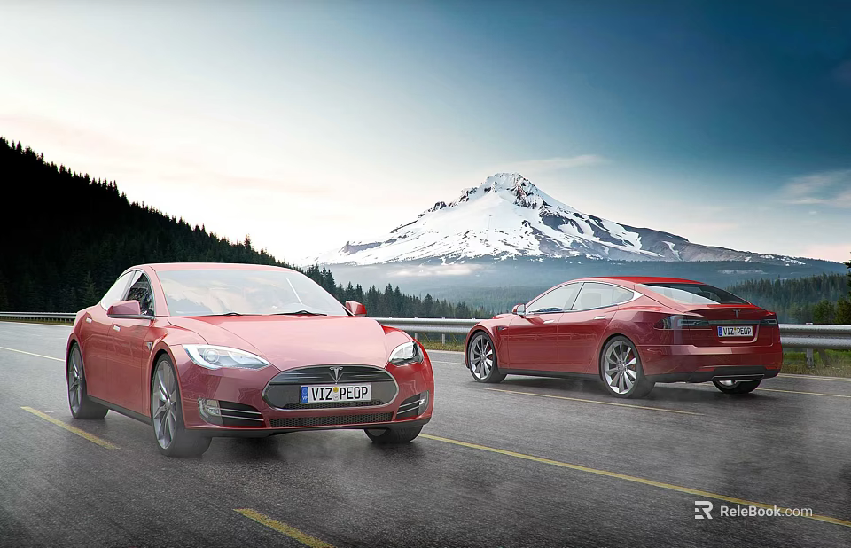 Red Tesla Sports Cars on Mountain Road with Snowy Peak and Forest Under Blue Sky 3d model 