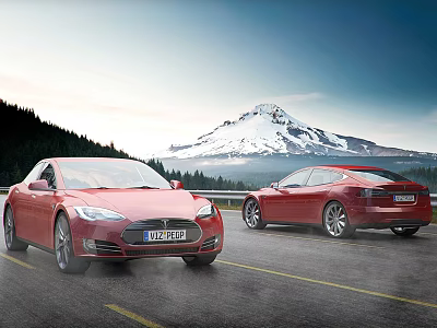 Red Tesla Sports Cars on Mountain Road with Snowy Peak and Forest Under Blue Sky 3d model