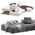 Modern Fabric Upholstered Sectional Sofa in Beige and Gray with Soft Pillows and Throw Blanket