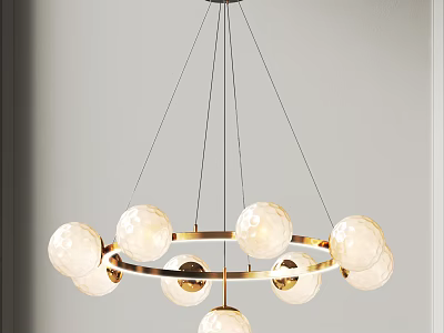Elegant Golden Circular Chandelier With White Spherical Lampshades And Metal Frame 3d model